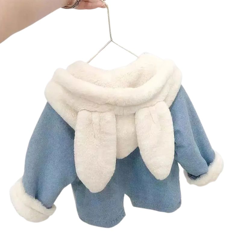 Jaqueta Jeans Peluciada Infantil Capuz de Coelho