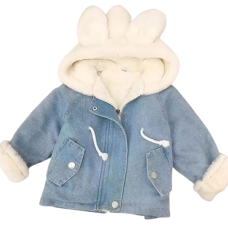 Jaqueta Jeans Peluciada Infantil Capuz de Coelho