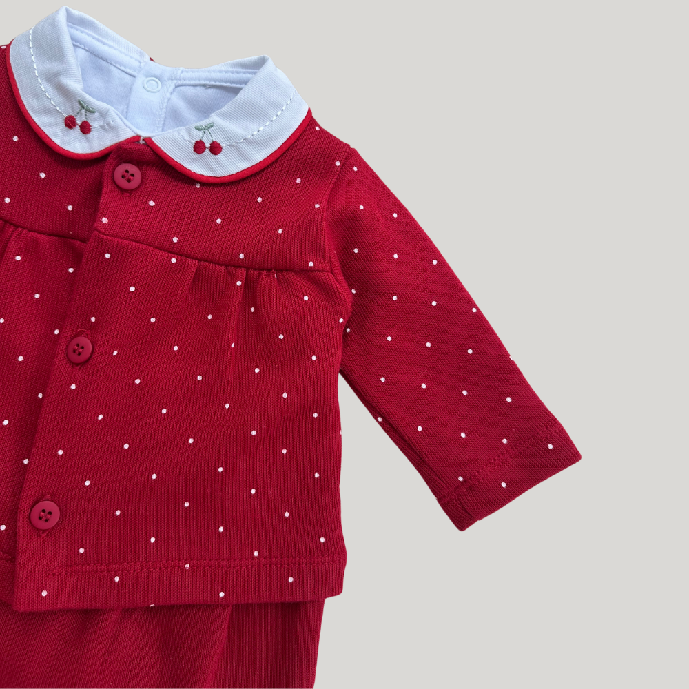 Conjunto Bebê 3 Peças Tricot Bordado Cereja Red