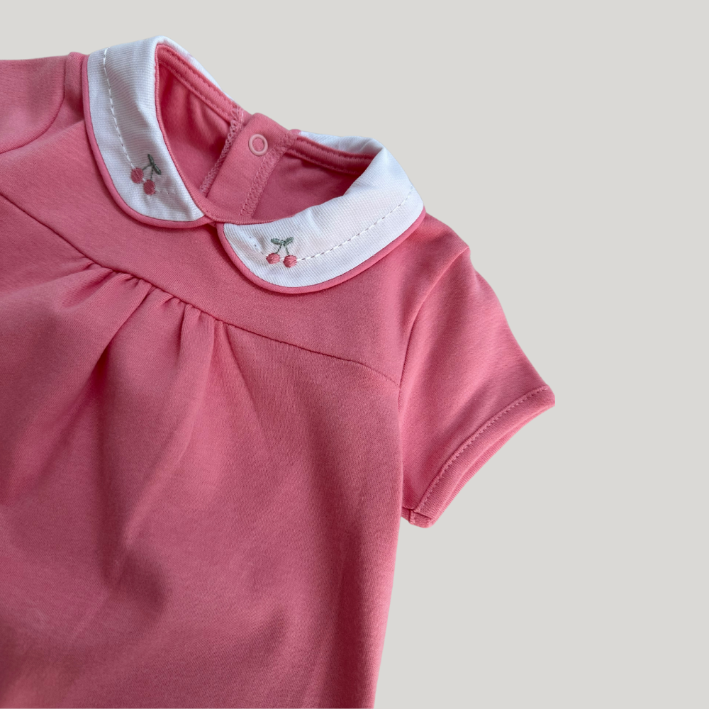 Conjunto Bebê 2 Peças Tricot Bordado Cereja Rosa