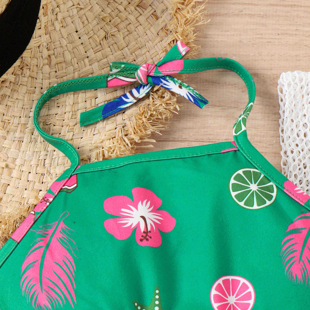 Conjunto Infantil  Biquiní + Saida de Praia Verde Florzinhas