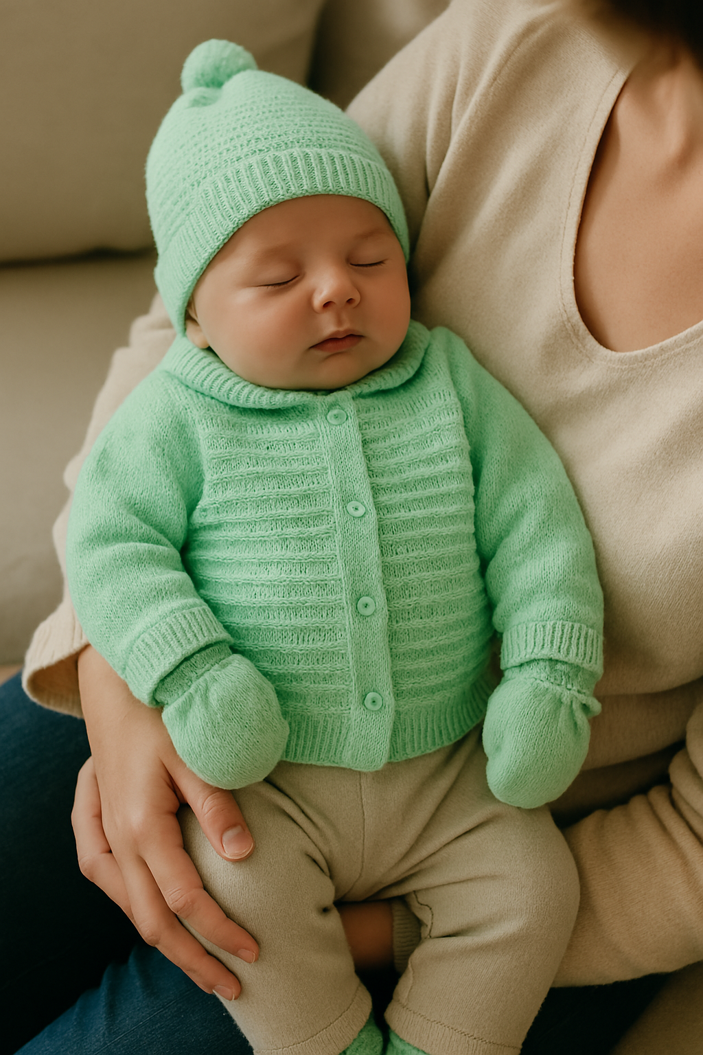 Kit 3 Peças Bebê Casaco Tricot Gorro E Luva Verde Água