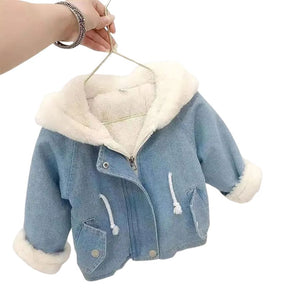 Jaqueta Jeans Peluciada Infantil Capuz de Coelho