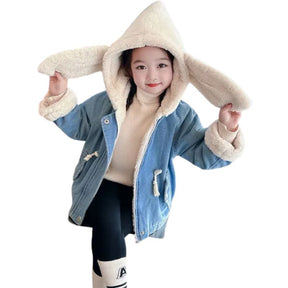 Jaqueta Jeans Peluciada Infantil Capuz de Coelho