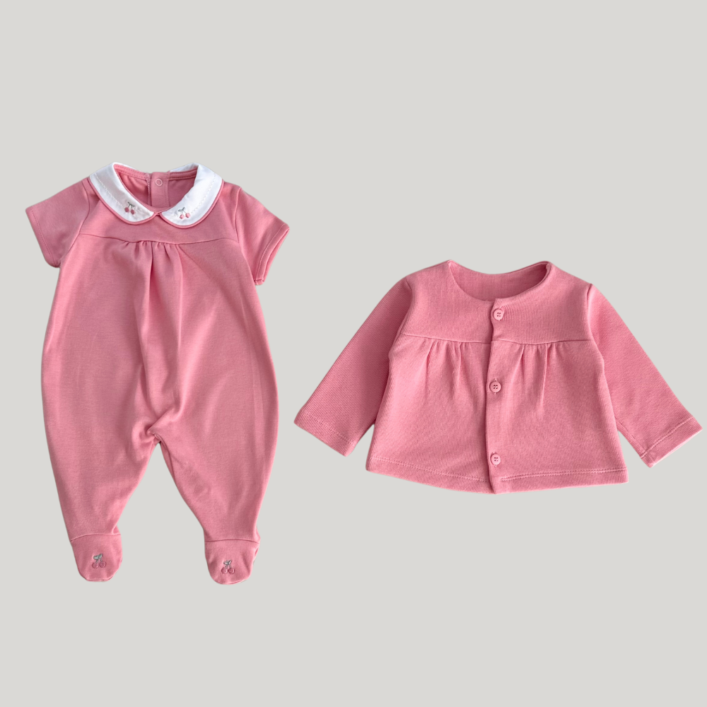 Conjunto Bebê 2 Peças Tricot Bordado Cereja Rosa