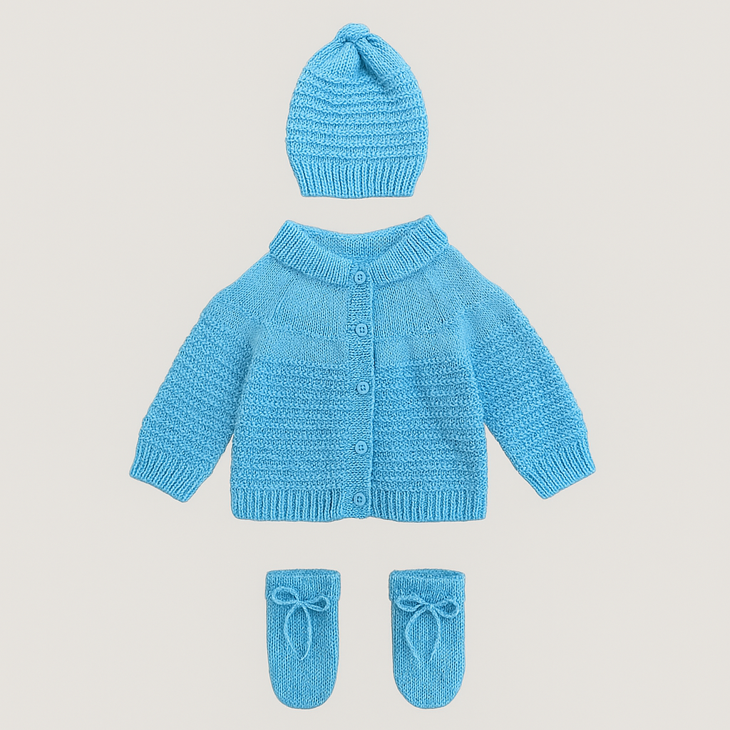 Kit 3 Peças bebê casaco tricot gorro e luva azul