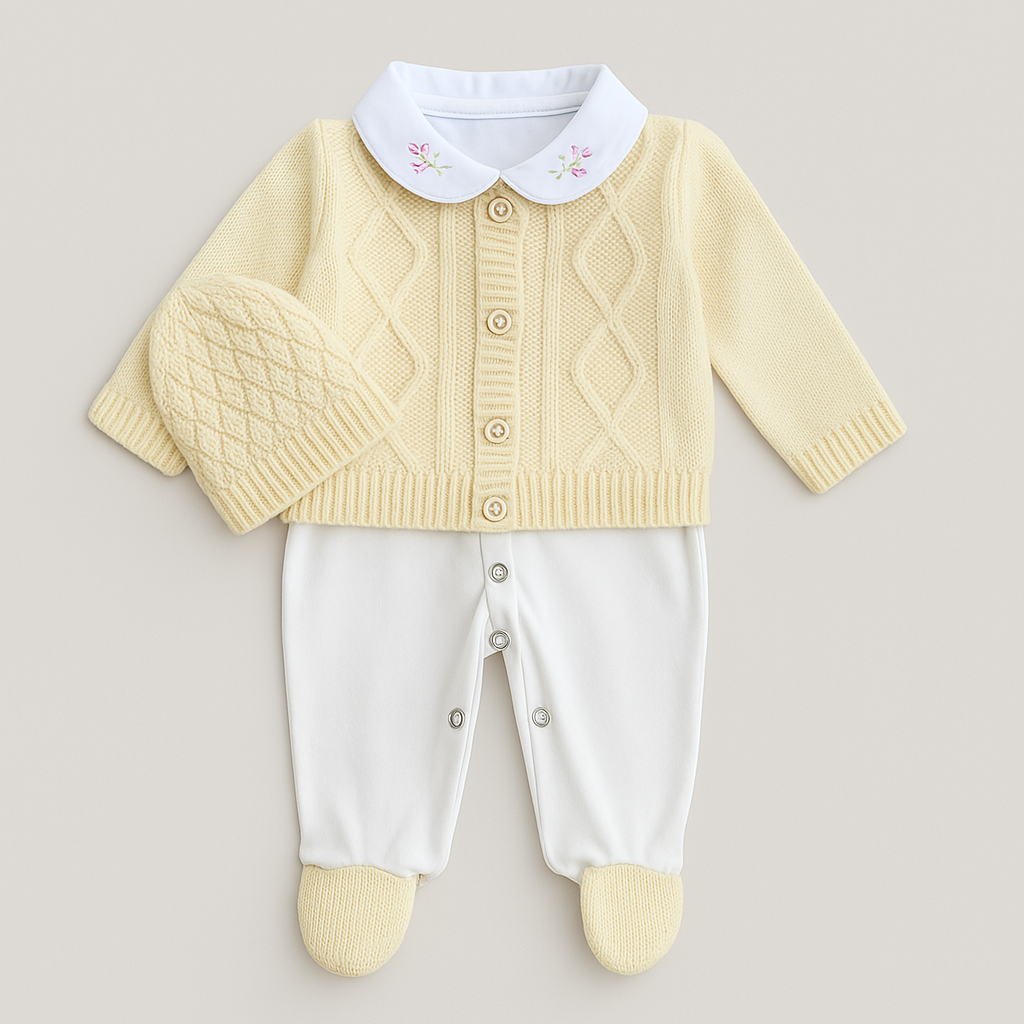 Kit Saída Maternidade 4 Peças Tricot Menina Flowers Amarelo