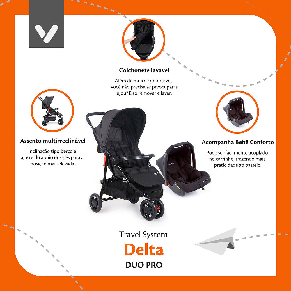 Travel System Delta Duo Pro (Conjunto de Carrinho 3 Rodas Reclinável + Bebê Conforto)