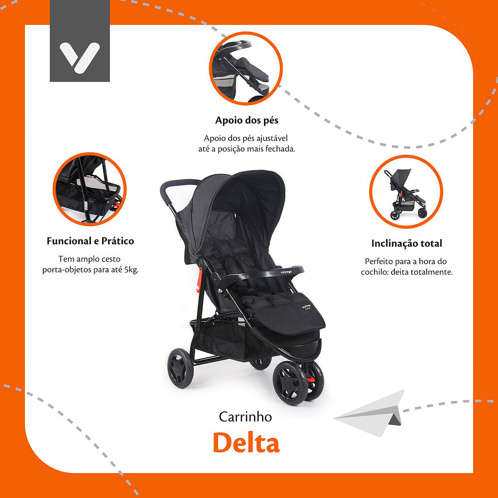 Travel System Delta Duo Pro (Conjunto de Carrinho 3 Rodas Reclinável + Bebê Conforto)